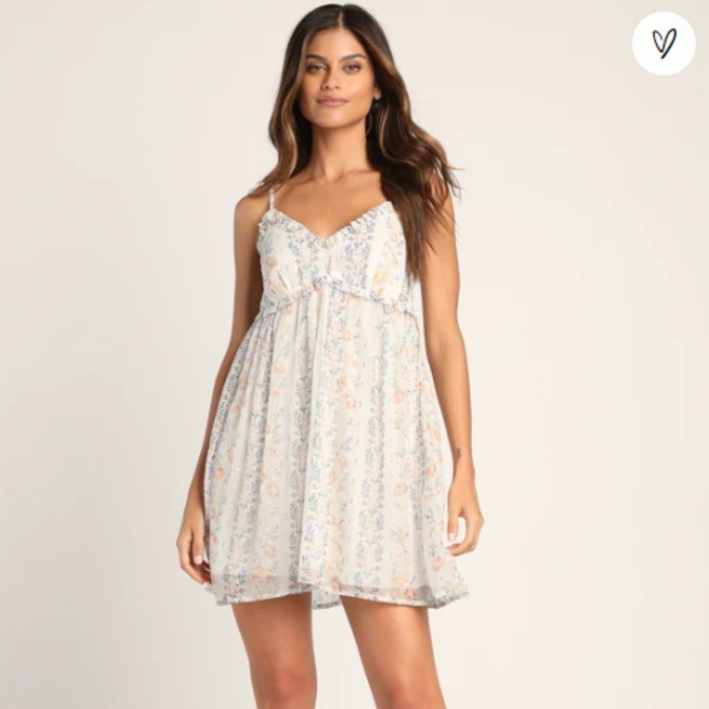 Sweetly Shining Ivory Floral Metallic Babydoll Mini Dress